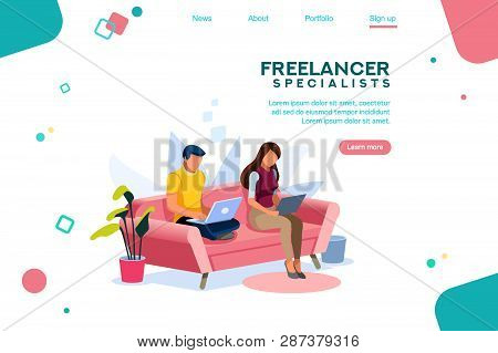 People Sitting On Sofa Or Desk, Standing With Leisure For Guys. Internet Surfing On Computer. Eating