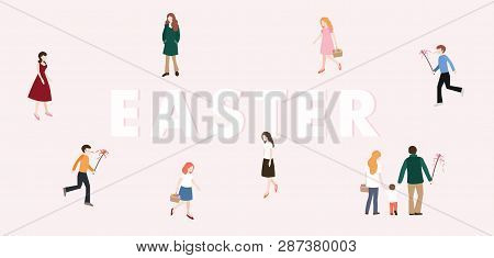 Modern Easter Web Banner. Boys With Whip Chasing The Girls With Colorful Easter Eggs. Family, People