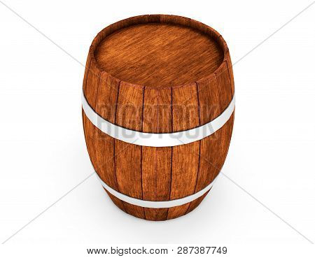 Wooden Barrel With Iron Hoops Isolated On White Background. 3d Rendering. Old Barrel With Rust On Th