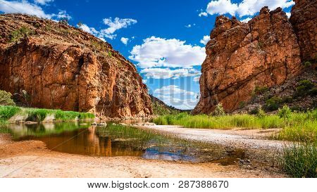 Scenic Panorama Of Glen Helen Gorge In West Macdonnell National Park In Nt Central Outback Australia
