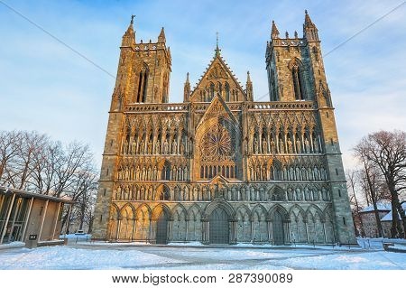 Cathedral Nidarosdomen Located In The Norwegian City Trondheim, In The Winter