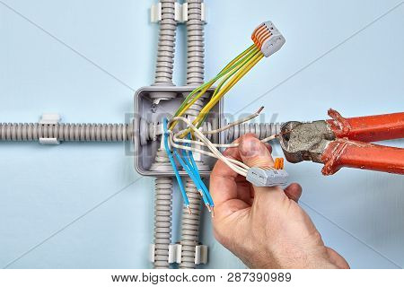 Installation Of Electrical Junction Box With Help Of Nippers Tool And Pluggable Terminal Block.