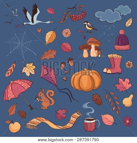 Set Of Vector Doodle Drawings On The Theme Of Autumn. Isolated Figures