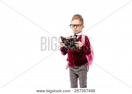 Back To School. Beautiful Little Girl Dressed Like A School Girl - In White Shirt, Red Blouse And Gr