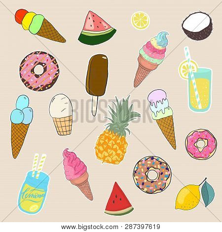 Set Of Girl Fashion Patches, Cute Cartoon Badges, Fun Stickers Desserts Vector. Ice-cream, Watermelo
