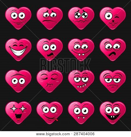 Heart Icon Set Of Cute Happy Smiley Emotions, Flat Design Vector Illustration