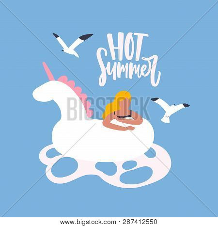 Seasonal Card Template With Flying Seagulls, Woman With Rubber Unicorn Float In Sea Or Ocean And Hot
