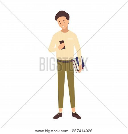 Smiling Teenage School Boy With Short Hair Holding Textbooks And Smartphone. Portrait Of Male Univer