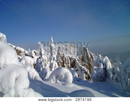 在山脉、 森林、 岩石、 森林、 天空雪冬