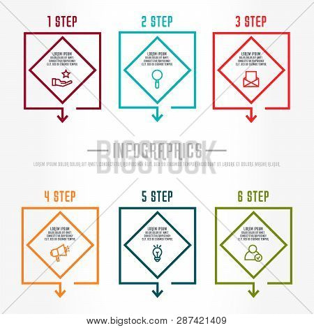 Flat Line Vector Illustration. Infographic Template With Six Elements, Quadrilaterals With Icons. De