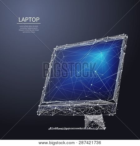 A Computer Blue Monitor Composed Of Polygons. Low Poly Vector Illustration On Dark Background. Gadge