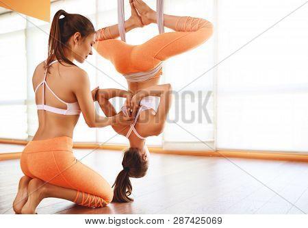 A Group Of People Engaged In A Class Of Yoga Aero In Hammocks Antigravity