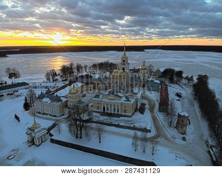 Nilov Hermitage At Sunset. Snimak Made In Winter. Russia, Tver Region. Xdr Shooting From Drone.