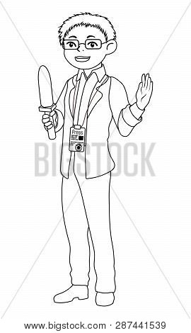 Children Illustration With A Boy Reporter. Kids And Proffessions Series For Coloring Book. Vector Il