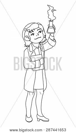 Children Illustration With A Girl Chemist. Kids And Proffessions Series For Coloring Book. Vector Il