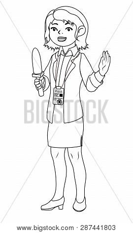 Children Illustration With A Girl Journalist. Kids And Proffessions Series For Coloring Book. Vector