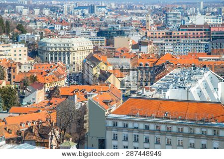 Zagreb, Croatia,  Down Town Skyline, Center Of City, Red Roofs, Buildings And Streets