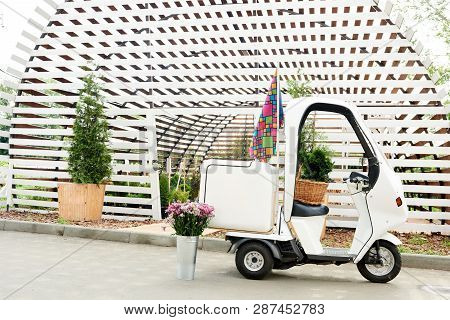 Background Image Of Tiny Moving Car In Flower Garden Or Plantation Lit By Sunlight, Copy Space