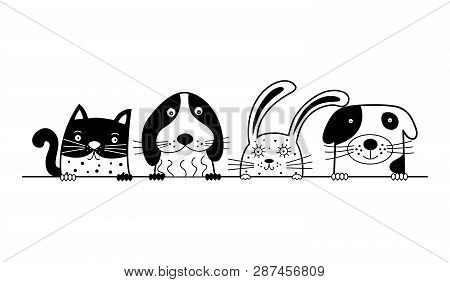 Funny Dogs, Cute Cat And Rabbit Are Best Friends. Vector Illustration.
