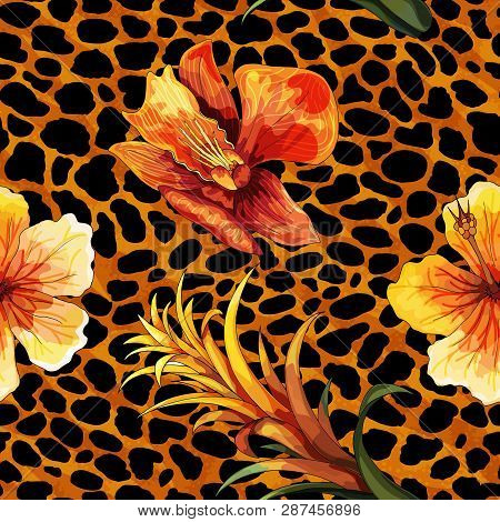Beautiful Blooming Flower On Animal Skin. Leopard Seamless Pattern Vector Print