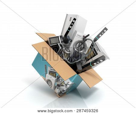 Concept Of Product Categories Large Household Appliances Crashes Out Of The Box 3d Render On White