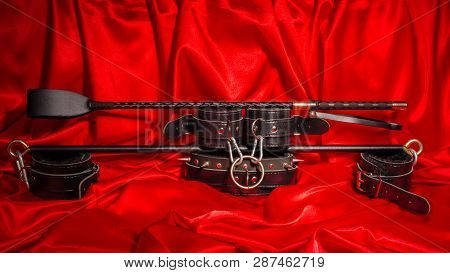 Close Up Bdsm Outfit. Bondage, Kinky Adult Sex Games, Kink And Bdsm Lifestyle Concept With A Pair Of