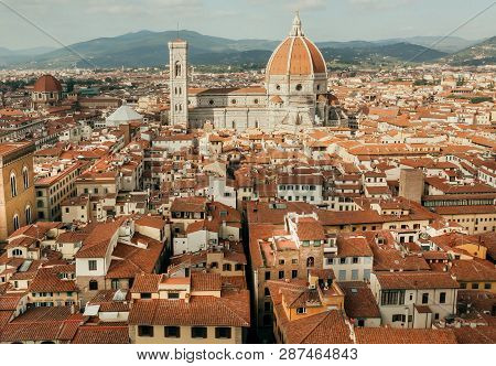 Old Cathedral Built In 14th Century In Florence, Tuscana, Italy. Historical Center Of Florence Is A 