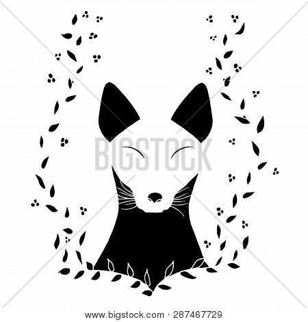 Panthera In Floral Frame. Silhouette On White. Monochrome Hand Drawn Illustration For T-shirt Design