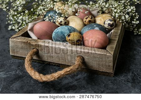 Spring Easter Minimal Background Rustic Style Composition - Organic Naturally Dyed Easter Eggs
