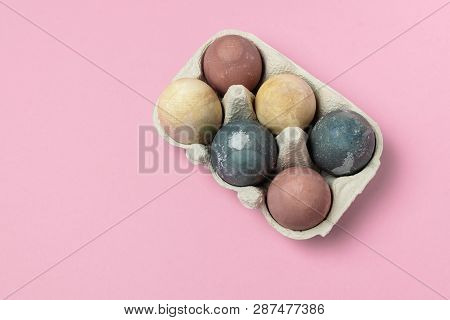 Selective Focus Of Coloured Decorated Easter Eggs In Cardboard Container