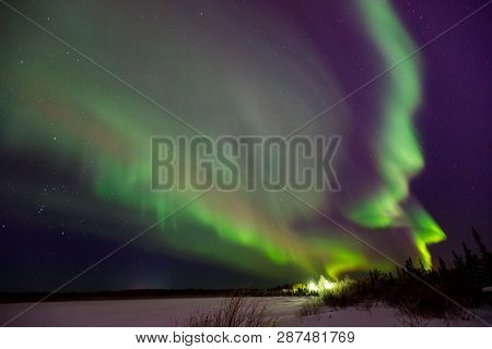 Multicolored Green Violet Vibrant Aurora Borealis Polaris, Northern Lights In Night Sky Over Winter 