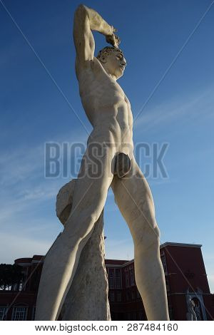 Rome, Italy -january 5 2019: Statue Of A Naked  Sporty Man In The Marble Stadium Sport Stadium In Th