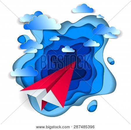 Origami Paper Plane Toy Flying In The Sky With Beautiful Clouds, Perfect Vector Illustration Of Scen
