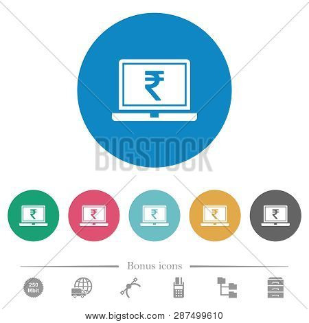 Laptop With Rupee Sign Flat White Icons On Round Color Backgrounds. 6 Bonus Icons Included.
