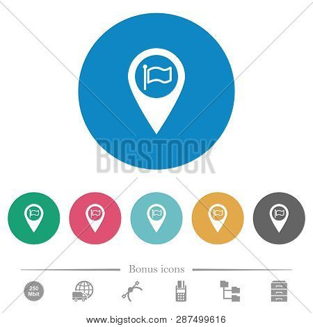 Destination Gps Map Location Flat White Icons On Round Color Backgrounds. 6 Bonus Icons Included.