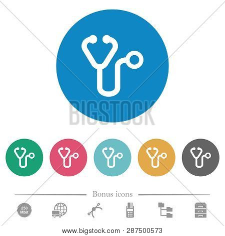 Stethoscope Flat White Icons On Round Color Backgrounds. 6 Bonus Icons Included.