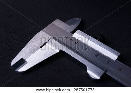 Vintage Steel Caliper Tool Closeup. Caliper In Very Good Condition. Scale In Metric Units, Milimeter
