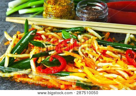Salad From Marinated Vegetables With Green Onions In Chinese Style. Fermented Vegetables. Salad Of F