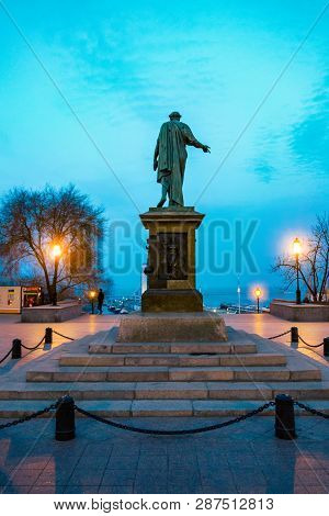 Odesa, Ukraine - March 05, 2019: Evening View On The Duke Monument