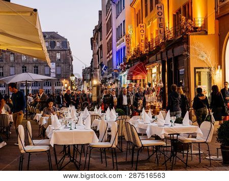 Strasbourg, France - Oct 14, 2018: Place Gutenberg With Luxury Restaurant Terrace Opened Pedestrians