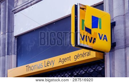 Strasbourg, France - Oct 1, 2017: Aviva Insurance Anget Signage Advertsing Destroyed By Vandals Stre