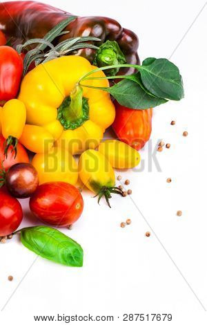 Assorted tomatoes and vegetables isolated on white background. Photo for your design