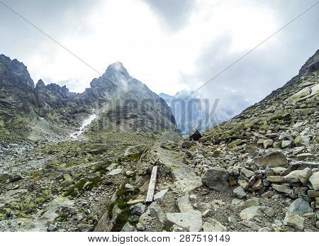Clouds Moving Over The High Tatras Mountains Near Chata Pod Rysmi, The Highest Mountain Chalet In Hi