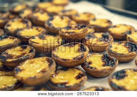 Rows Of Delicious Portuguese Pastel De Nata (sweet Egg Yolk Tarts) In Lisbon