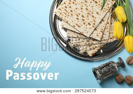 Flat Lay Composition With Matzo On Color Background. Happy Passover (pesach)