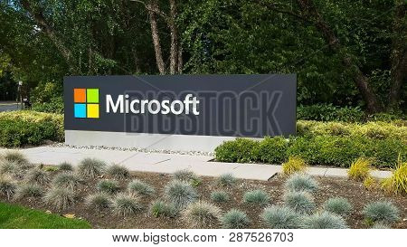 Redmond, Washington, Usa- September 3, 2015: Exterior View Of Microsoft Sign On The Street In Redmon