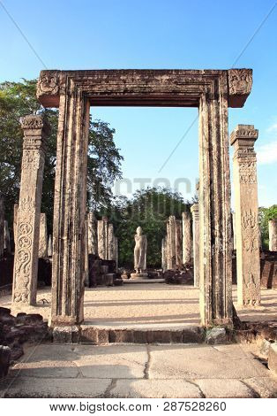 Ancient stone statue of Buddha in Atadage Quadrangle temple (Atadage Dalada Maligaya), Polonnaruwa, Sri Lanka. UNESCO world heritage site