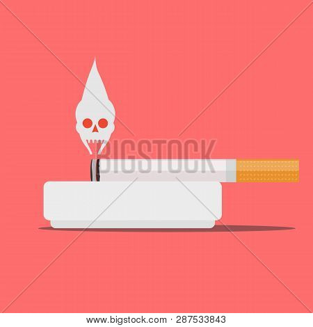 Ashtray With Cigarette And Skull Made Of Smoke. Smoking Cigarette With Filter In Ceramic Tray. Reali