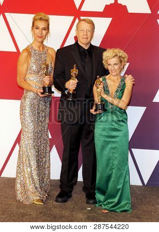 Kate Biscoe, Greg Cannom and Patricia Dehaney at the 91st Annual Academy Awards - Press Room held at the Loews Hotel in Hollywood, USA on February 24, 2019.