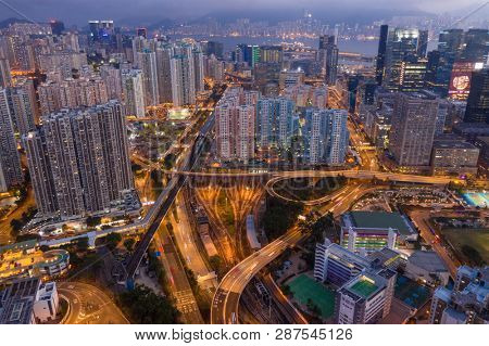 Kowloon Bay, Hong Kong, 16 February 2019:  Top down view of Hong Kong Kowloon side at night